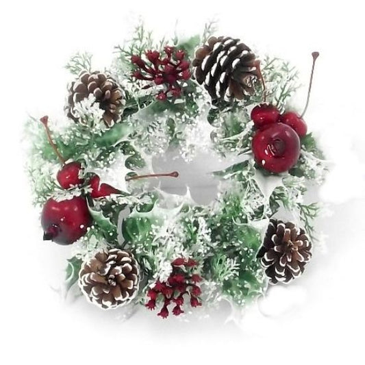 Artificial Plastic Holly Wreath Small With Snow Variegated 30cm