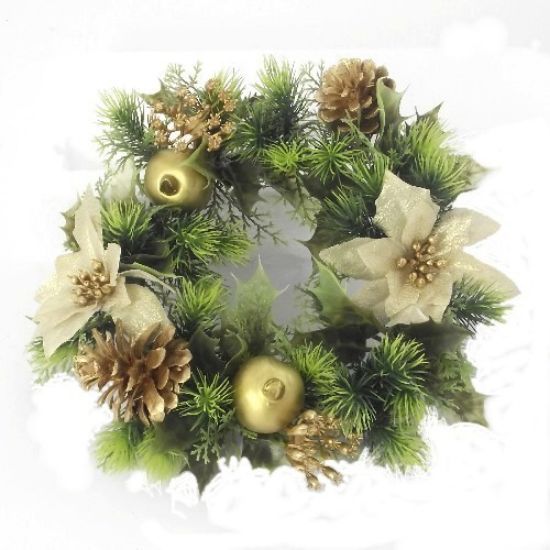 Plastic Holly Wreath Small With Poinsettia Gold 12"