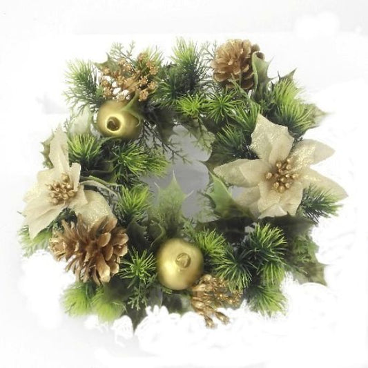 Plastic Holly Wreath Small With Poinsettia Gold 12"