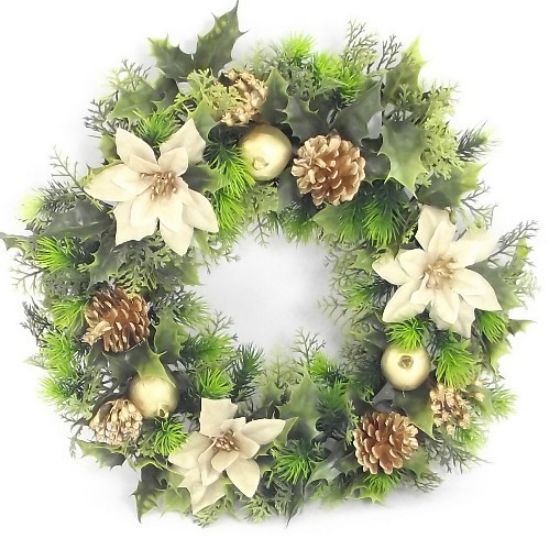 Artificial Plastic Holly Wreath Large With 3 Poinsettias Gold 45cm