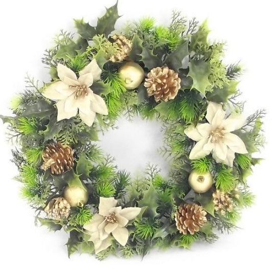 Artificial Plastic Holly Wreath Large With 3 Poinsettias Gold 45cm