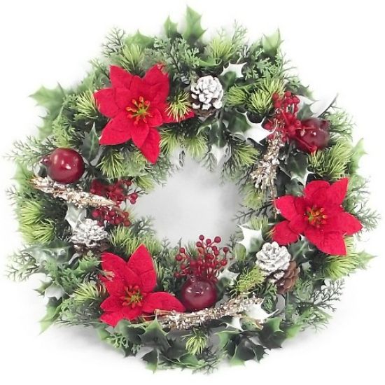 Artificial Plastic Holly Wreath Large With Velvet Poinsettias And Snow Red 45cm