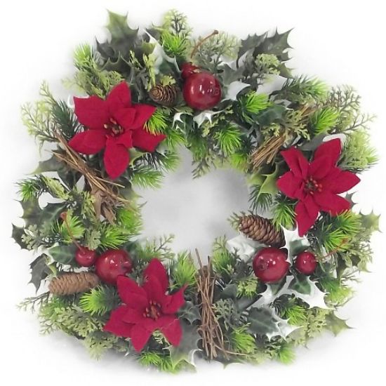 Artificial Plastic Holly Wreath Large With 3 Poinsettias Red 45cm