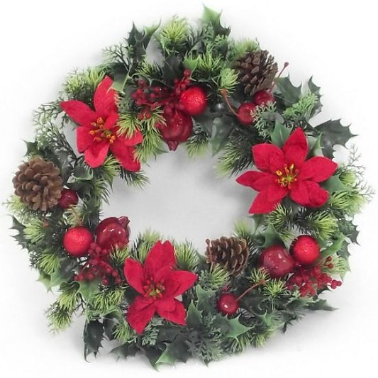 Artificial Plastic Holly Wreath Large With Velvet Poinsettias And Baubles Red 45cm