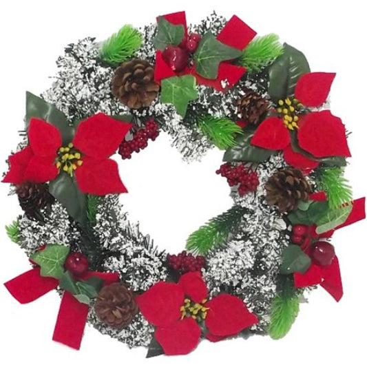 Artificial Spruce Wreath With Velvet Poinsettias Snow Cones Berries And Bow Red/white 40cm