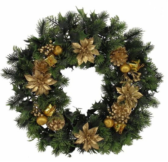 Artificial Plastic Holly Wreath With Poinsettias Gold 45cm