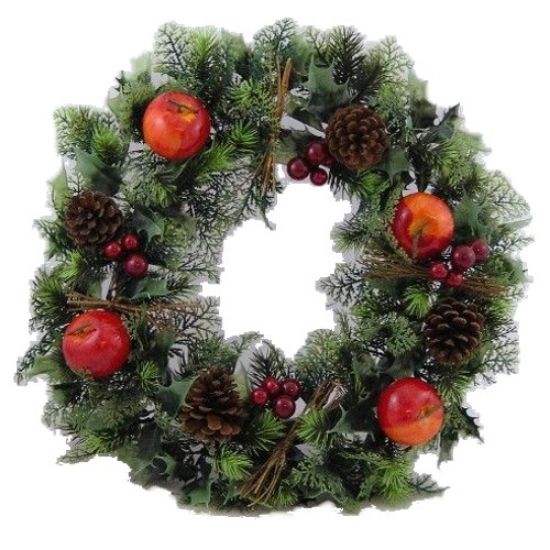 Plastic Holly Wreath With Apple And Cone Natural 18"