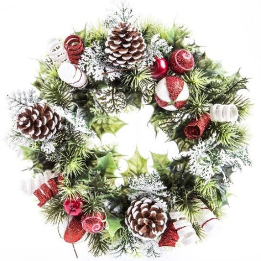Artificial Holly Wreath With Candy Cane 28cm