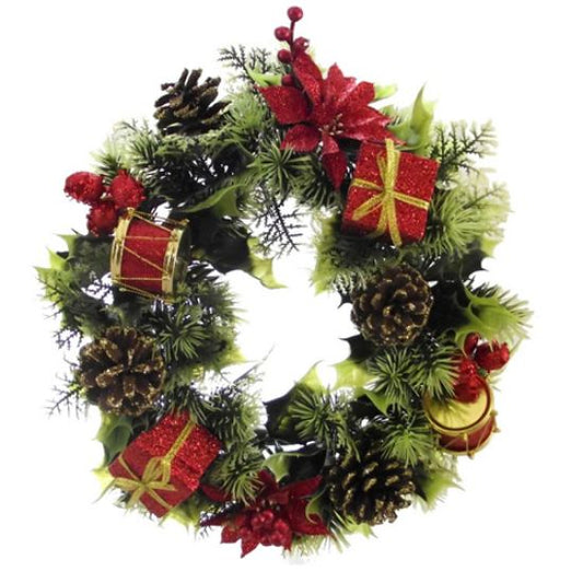 Artificial Holly Wreath With Poinsettias And Drums Red 28cm