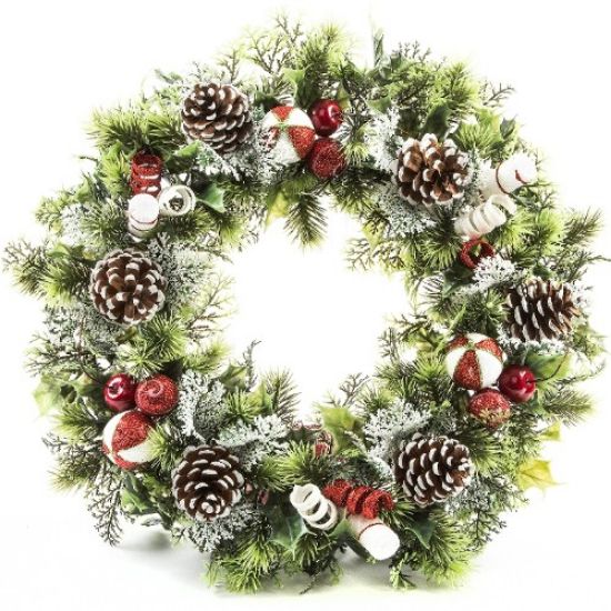 Artificial Plastic Holly Wreath With Candy Cane 45cm