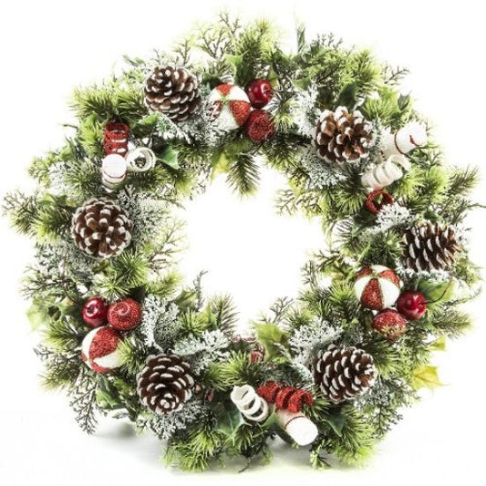 Artificial Plastic Holly Wreath With Candy Cane 45cm