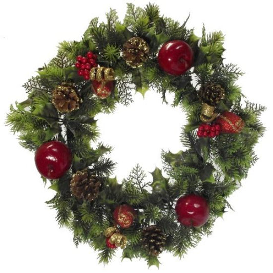 Artificial Holly Wreath With Roses Apples And Cones Red 45cm