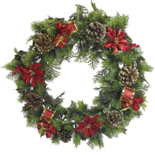 Artificial Holly Wreath With Poinsettias And Drums Red 45cm