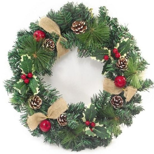 Artificial Spruce/pine Wreath With Jute Ribbon Bows Apples Cones And Holly 40cm