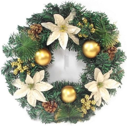 Artificial Spruce/pine Wreath With Poinsettias Baubles Cones And Berries Ivory/gold 40cm