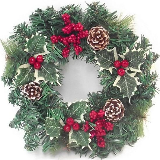 Artificial Spruce/pine Wreath With Holly Cones And Berries 30cm