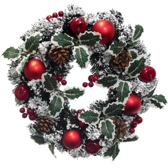 Spruce Snow Wreath With Holly Baubles Cones And Berries Red/green 40cm