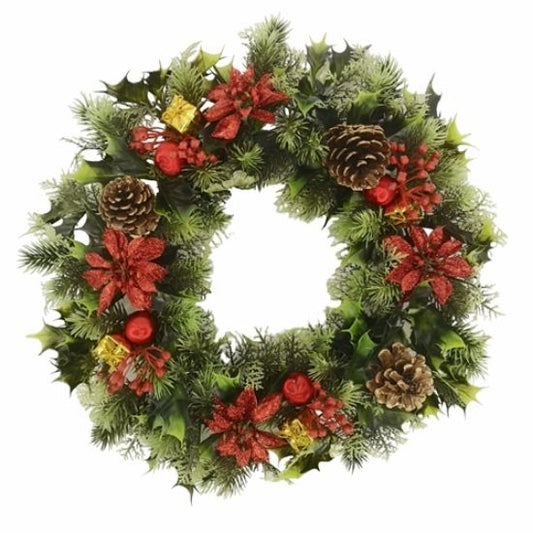 Artificial Plastic Holly Wreath With Glitter Poinsettias Red 40cm