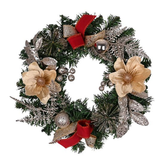 Artificial Magnolia Bauble And Foliage Wreath With Bows Champagne/burgundy 30cm