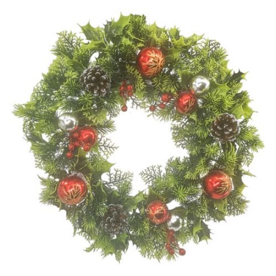 Artificial Plastic Holly Wreath With Baubles And Cones Red/silver 40cm
