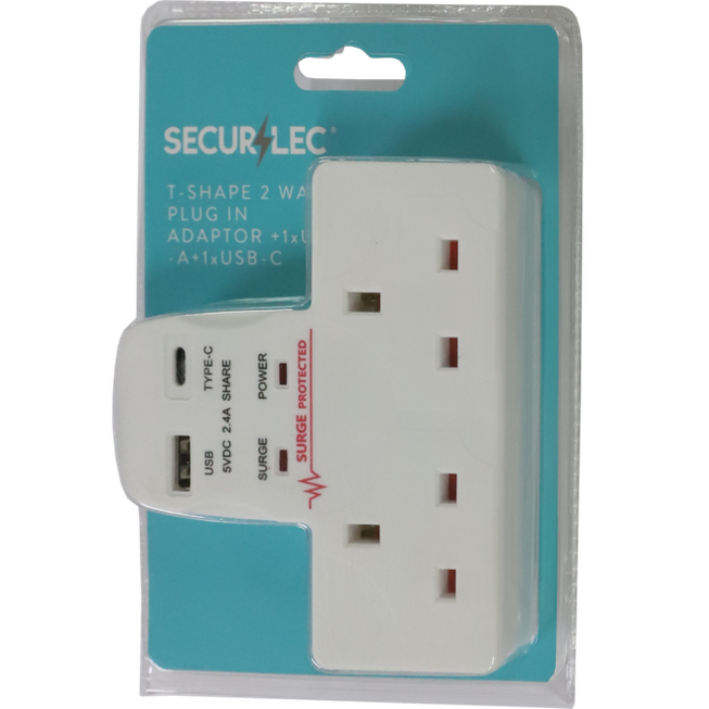 T-Shape 2 Way Plug-In Adaptor 1 x USB-A, 1 x USB-C