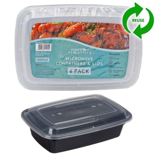 Meal Prep Reusable Microwave Containers & Lids 1000ml 6 Pack