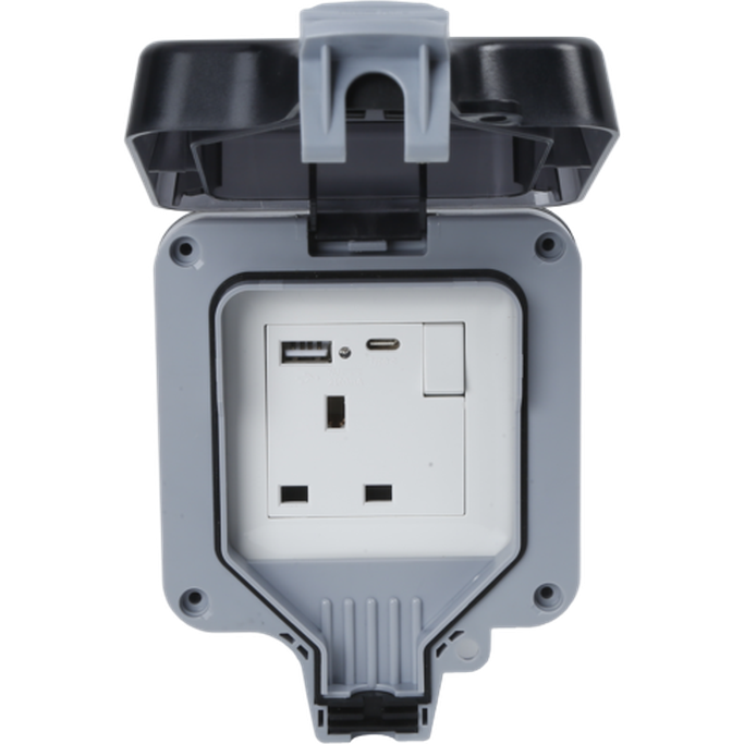 Single Outdoor Weatherproof Switched 1 Gang Socket With USB-A & USB-C IP66