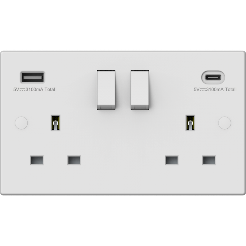 2 Gang Switched Socket Double Pole With USB A + C