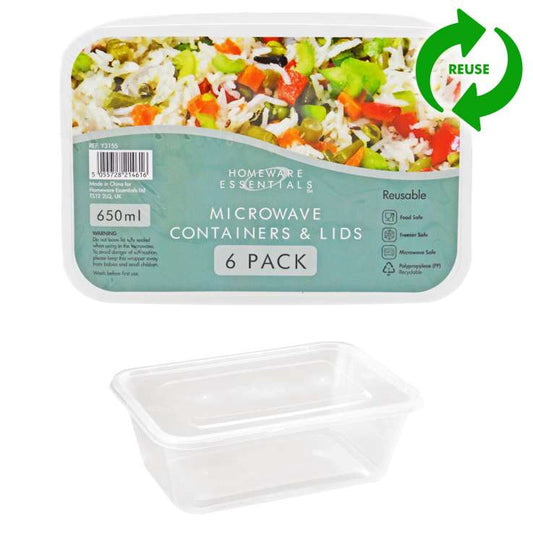 Reusable Microwave Containers & Lids 650ml 6 Pack