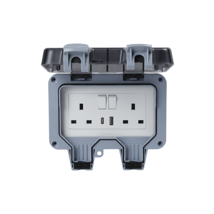 Double Outdoor Weatherproof 2 Gang Switched Socket With USB-A & USB-C IP66