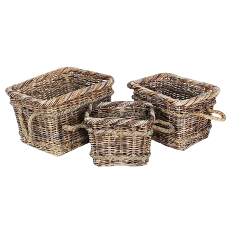 Three woven wicker storage baskets in different sizes with rope handles, shown on a plain white background.
