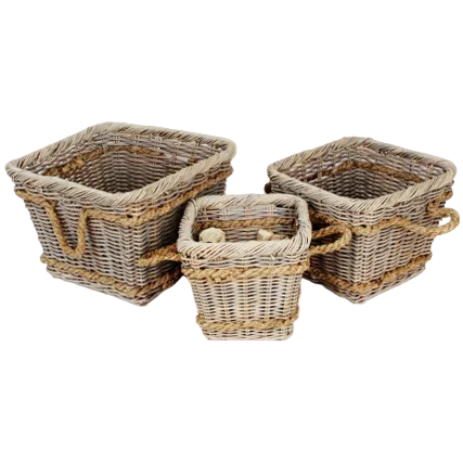 Three woven wicker storage baskets in different sizes with rope handles, arranged on a plain white background.