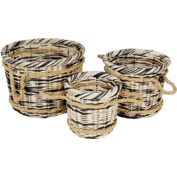 Three woven storage baskets in different sizes with black and natural beige striped patterns and rope handles, shown on a white background.